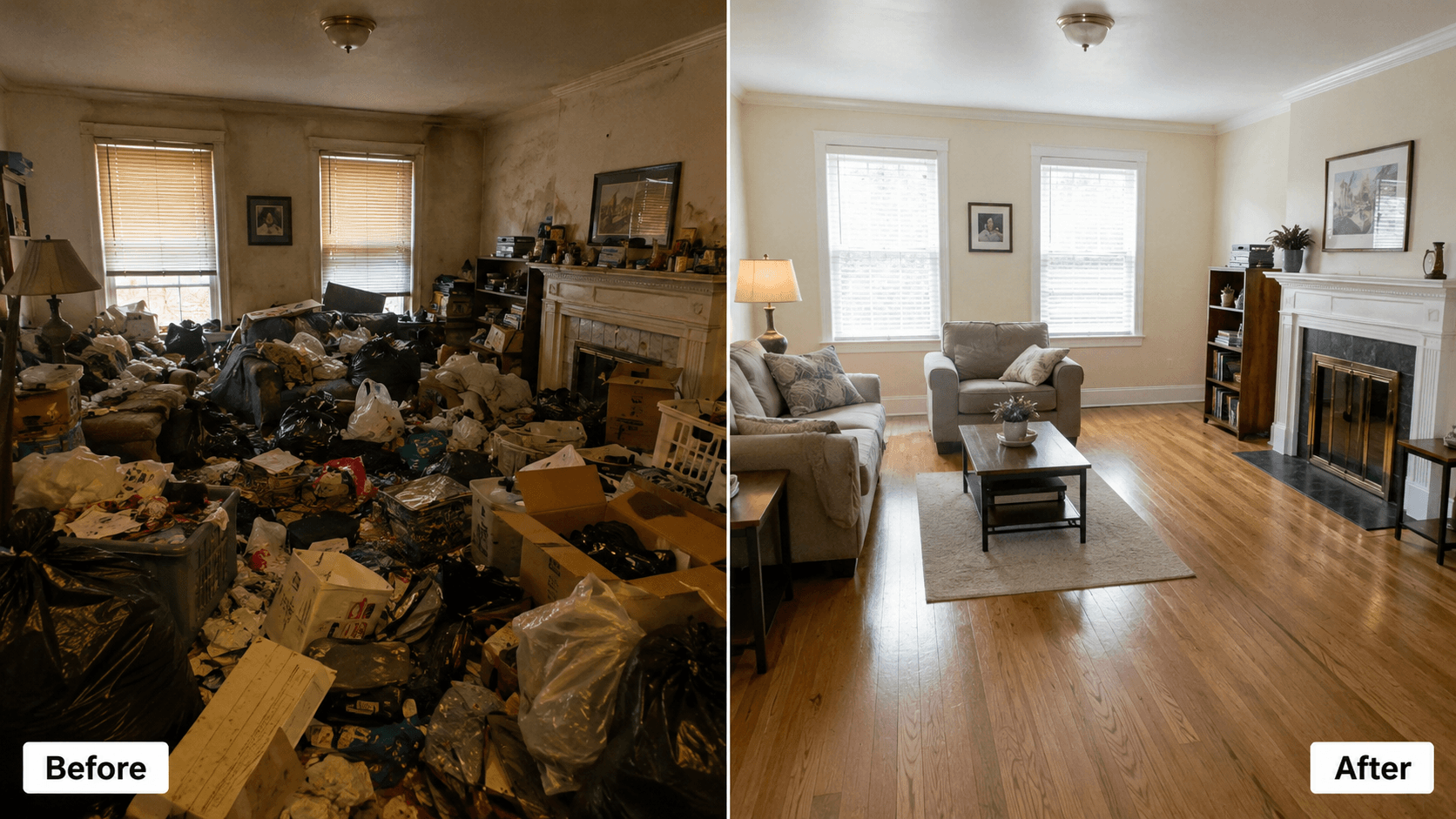 Before and after a hoarding cleanup — cluttered living room transformed into a clean, restored space